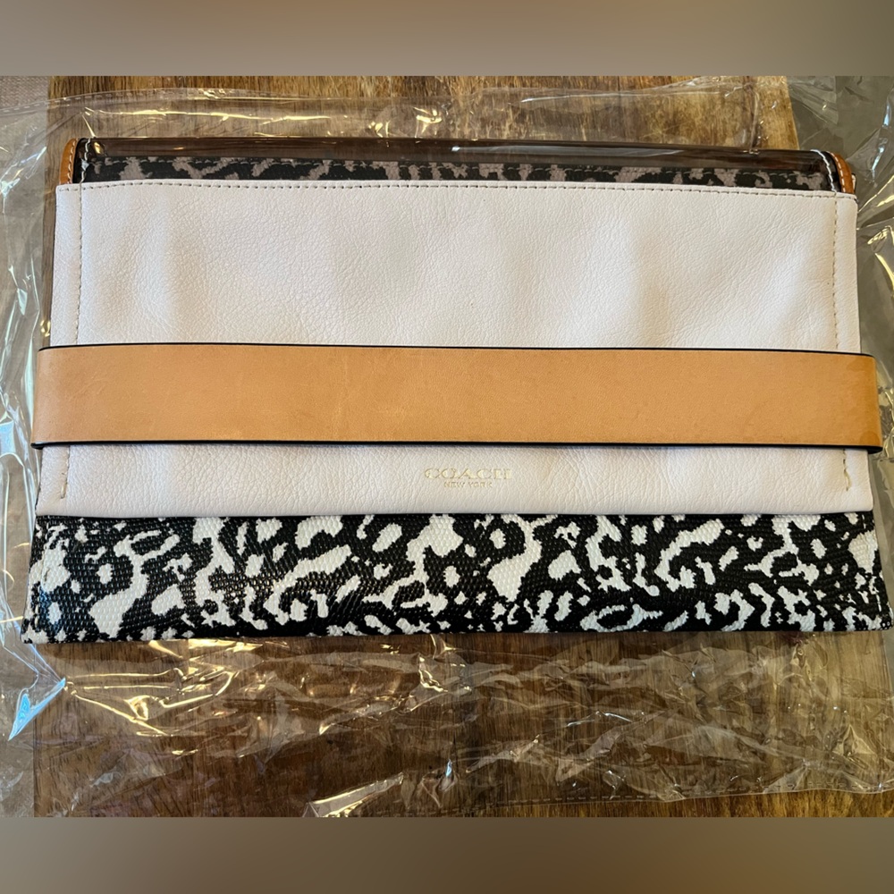 Coach White and Tan Clutch with Black Pattern